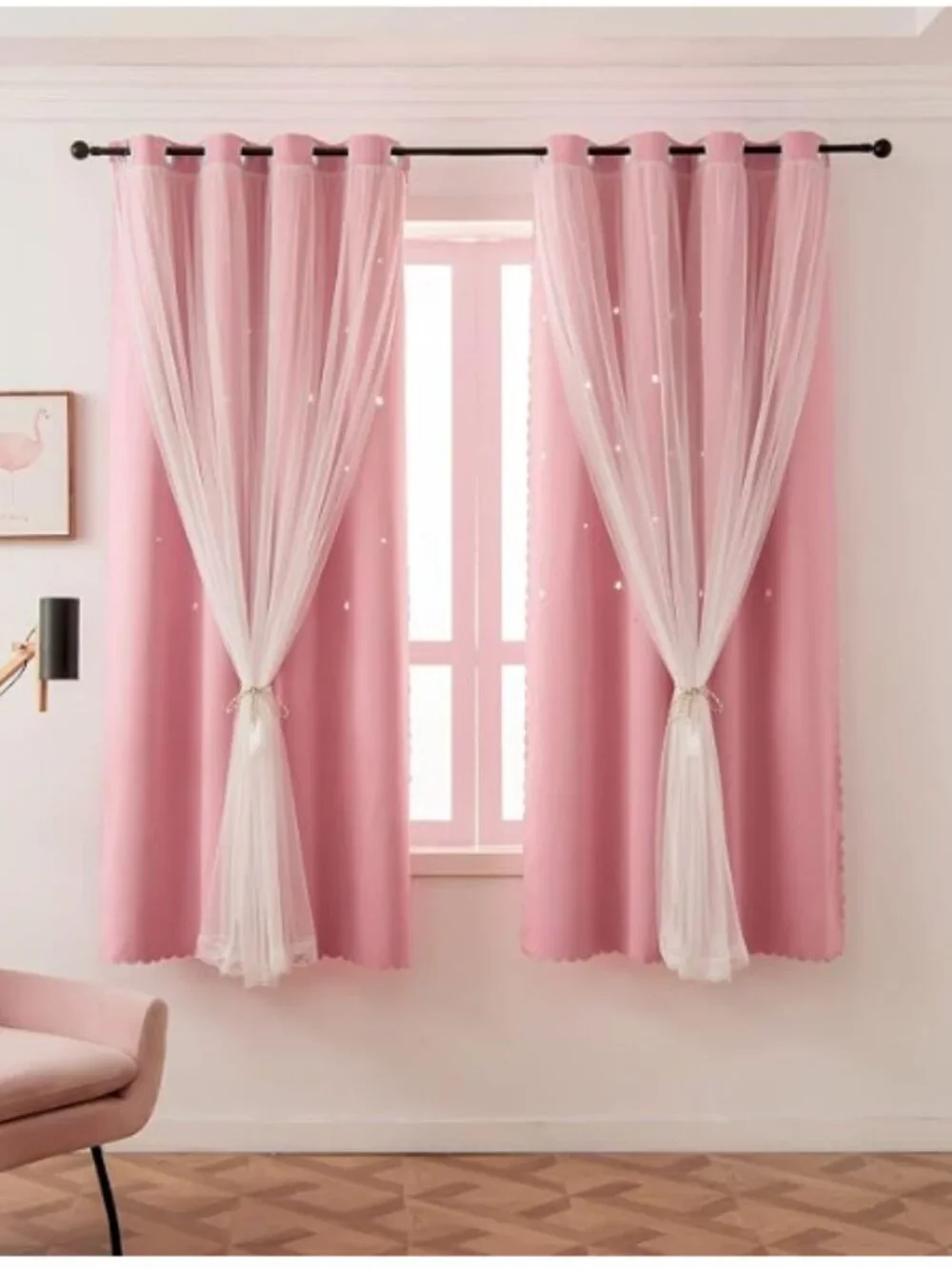 Set of 4 Blush Pink Blackout Curtains with Star Cutouts and sheer overlay
